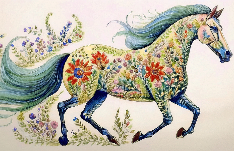 Floral Stride – Stylized Horse with Botanical Patterns and Flowing Motion