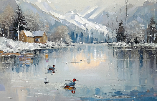Frozen Lake Winter Canvas Wall Art – Abstract Snowy Mountain & Cabin Painting