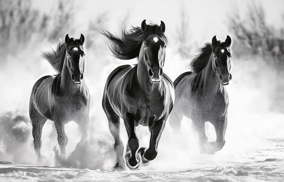 Galloping Freedom – Black and White Running Horses Canvas Wall Art