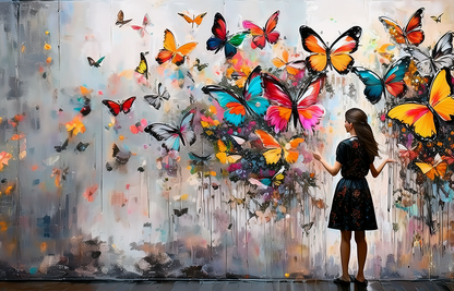 Girl with Butterflies – Colorful Abstract Portrait Canvas Wall Art