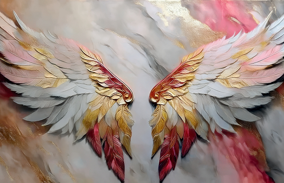 Golden Angel Wings – Spiritual Canvas Wall Art with Elegant Feathered Wings in Gold, White, and Rose Tones