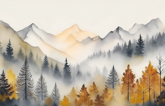 Golden Autumn Peaks Canvas Wall Art – Misty Mountains & Watercolor Forest Landscape