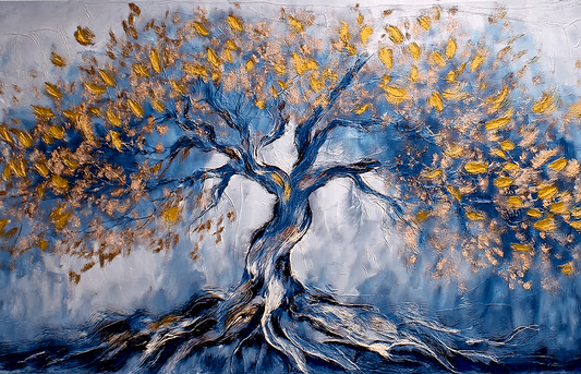 Golden Blue Tree of Life – Textured Abstract Canvas Wall Art