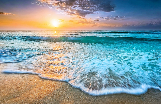 Golden Horizon Waves Canvas Wall Art – Ocean Sunset & Coastal Beach Scene