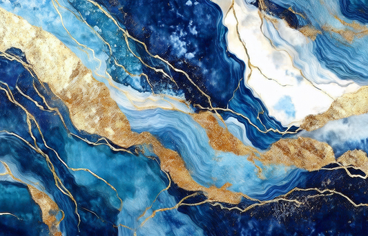Golden Ocean Veins – Abstract Blue and Gold Marble Canvas Wall Art