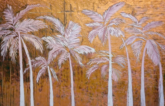 Golden Tropics – Stylized Palm Trees on Metallic Textured Canvas