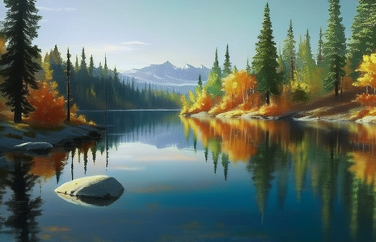 Golden Reflection Canvas Wall Art – Autumn Forest Lake & Mountain Landscape