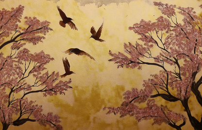 Golden Sakura – Birds in Bloom Canvas Wall Art
