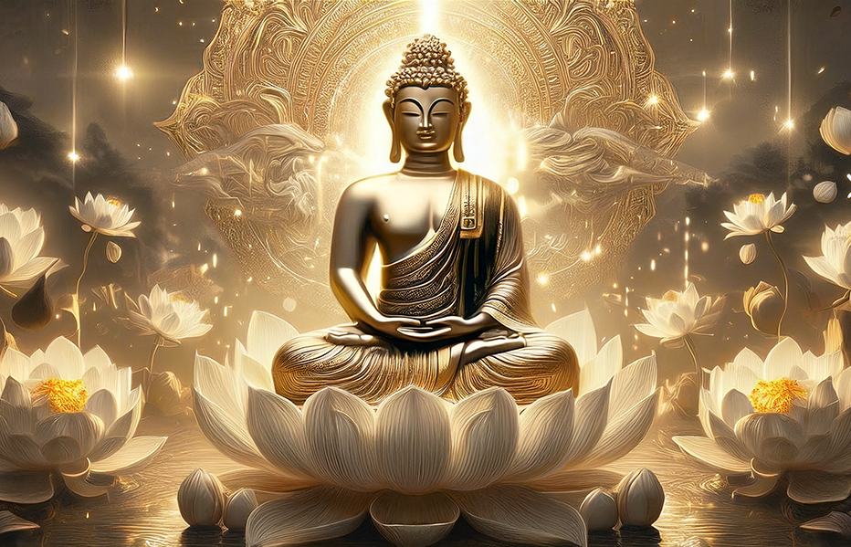 Golden Serenity Buddha Canvas Wall Art – Spiritual Meditation & Lotus Enlightenment