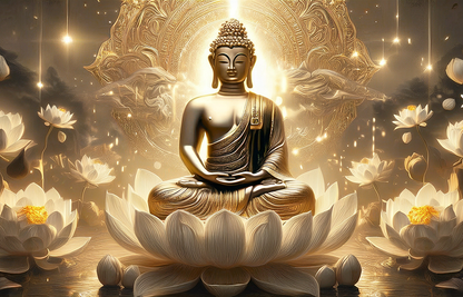 Golden Serenity Buddha Canvas Wall Art – Spiritual Meditation & Lotus Enlightenment
