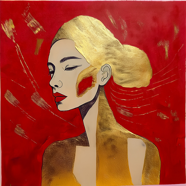 Golden Silence – Stylized Portrait in Red and Gold
