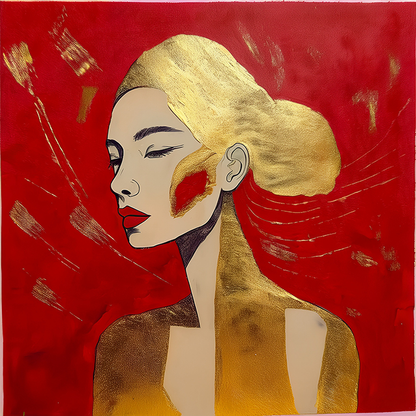Golden Silence – Stylized Portrait in Red and Gold