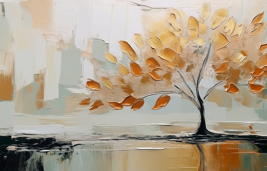 Golden Solitude – Abstract Tree and Leaves Canvas Wall Art