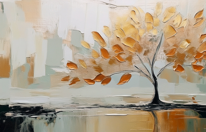 Golden Solitude – Abstract Tree and Leaves Canvas Wall Art