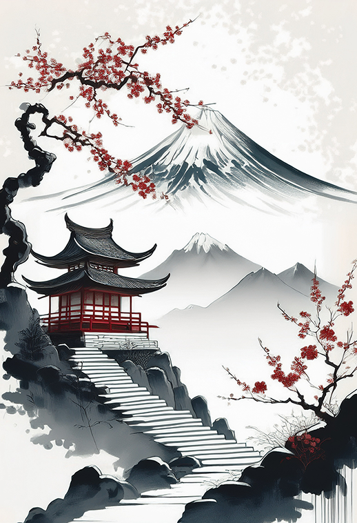 Harmony of Spring Canvas Wall Art – Japanese Temple & Mount Fuji
