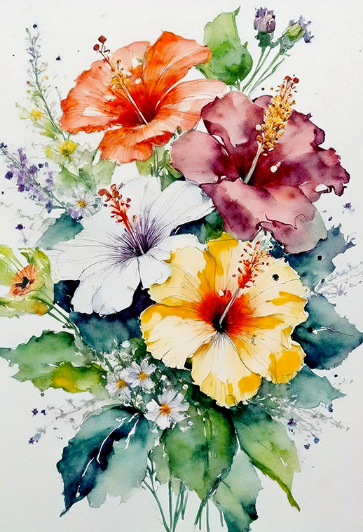 Hibiscus Bouquet Canvas Wall Art – Watercolor Floral Elegance
