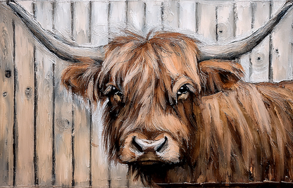 Highland Cow Against Wooden Wall – Rustic Animal Canvas Wall Art
