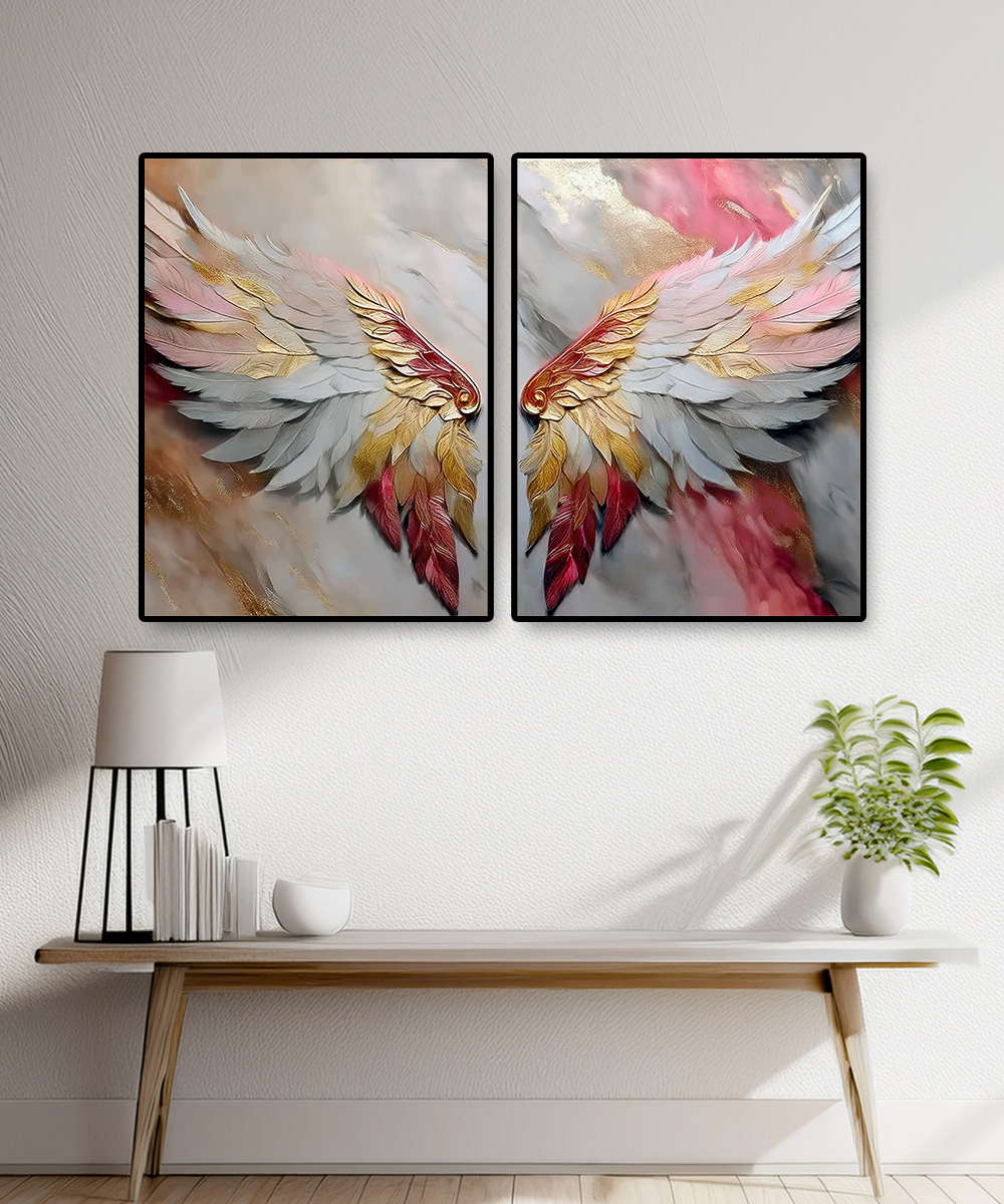 Golden Angel Wings – Spiritual Canvas Wall Art with Elegant Feathered Wings in Gold, White, and Rose Tones