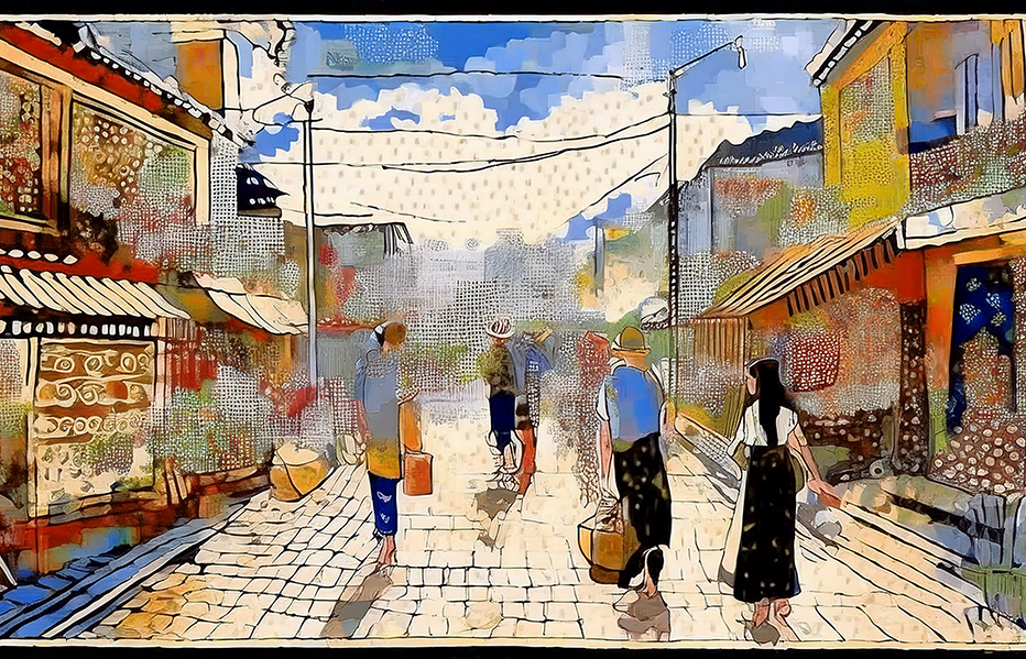 Charming Village Street Canvas Wall Art – Colorful Everyday Life Scene