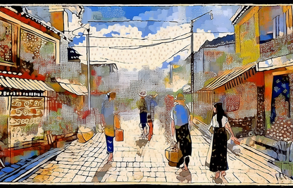 Charming Village Street Canvas Wall Art – Colorful Everyday Life Scene