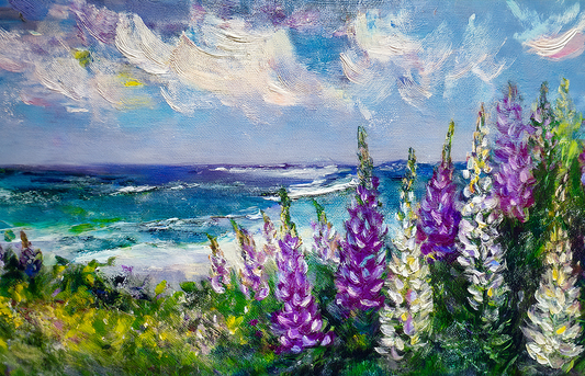 Light on Lupine – Coastal Wildflowers Seascape Canvas Wall Art