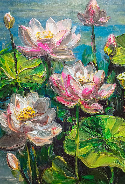 Lotus by the Water Canvas Wall Art – Impressionist Floral Oil Painting