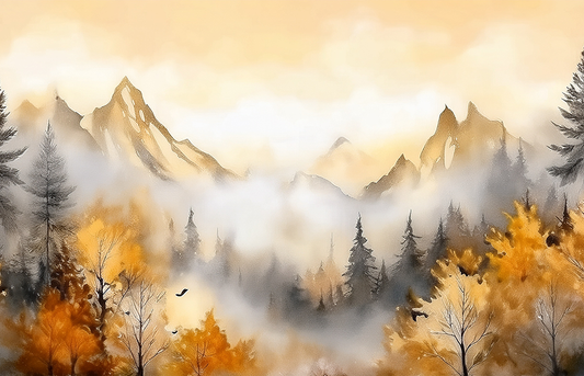 Misty Autumn Forest Canvas Wall Art – Golden Trees & Mountain Landscape Painting