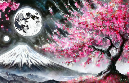Moonlit Sakura – Cherry Blossom and Mount Fuji Abstract Canvas Wall Art