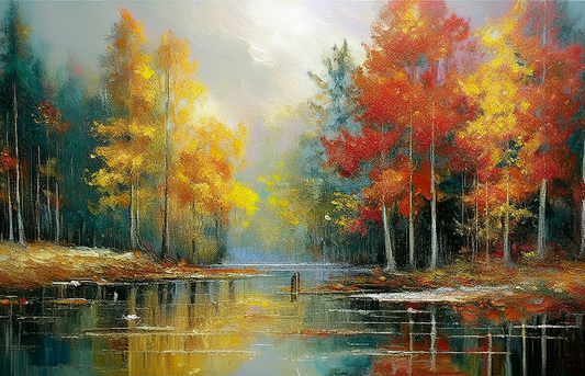 Mystic Forest Canvas Wall Art – Autumn Woodland Lake Painting