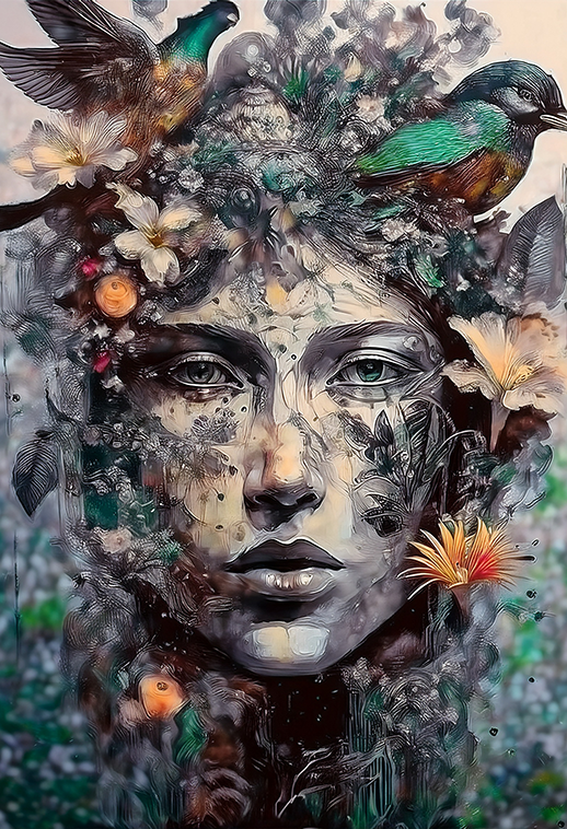 Nature’s Crown Canvas Wall Art – Surreal Floral Portrait