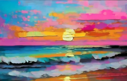 Neon Horizon Canvas Wall Art – Vibrant Abstract Sunset Ocean Painting