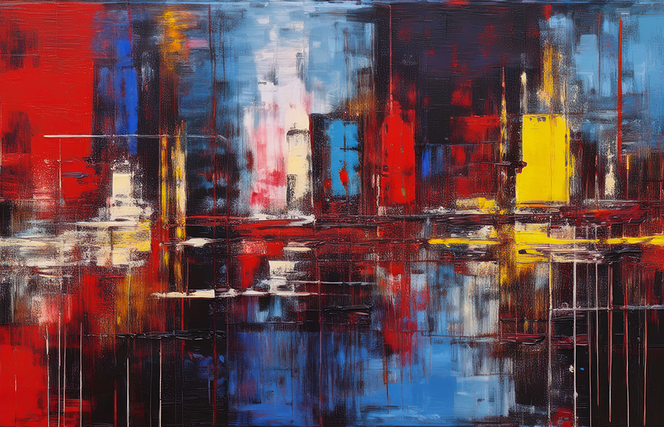 Urban Reflections – Abstract Waterfront Cityscape in Bold Color Layers