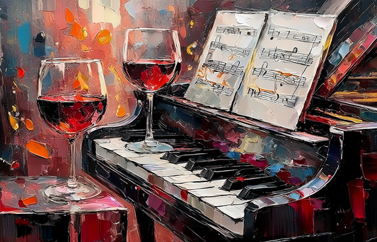 Nocturne of Love Canvas Wall Art – Romantic Piano & Wine Abstract Painting