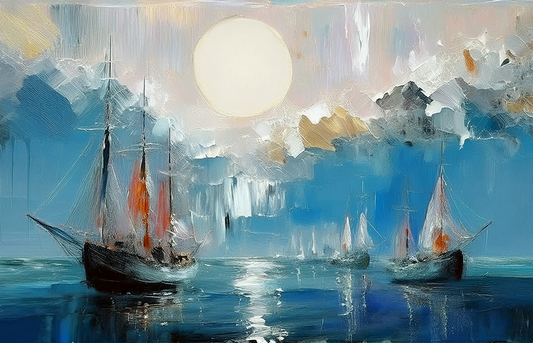 Ocean Cliffs Canvas Wall Art – Abstract Sailboats & Coastal Painting