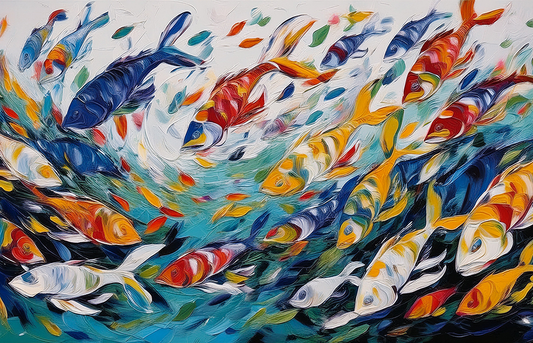 Ocean Symphony – Colorful Koi Fish Abstract Canvas Wall Art with Vibrant Aquatic Life and Flowing Brushstrokes