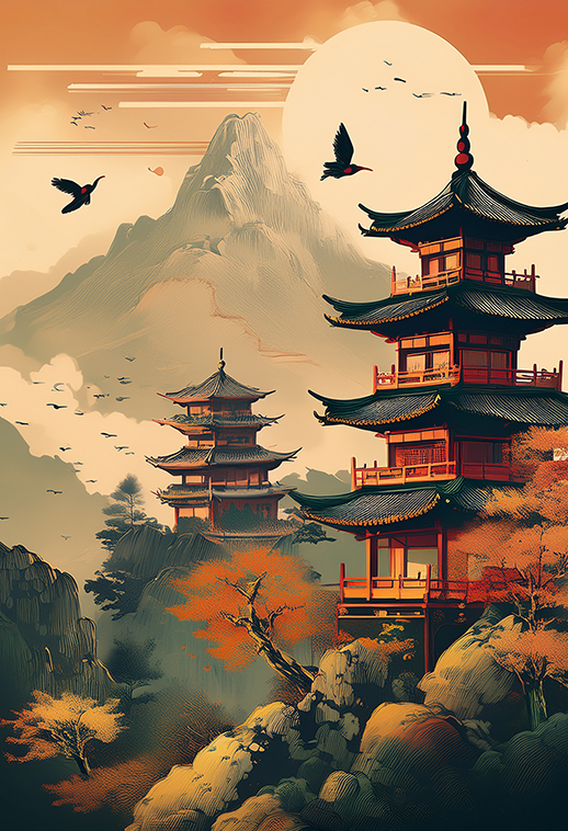Pagoda of the Clouds – Tranquil Japanese Landscape Canvas Wall Art