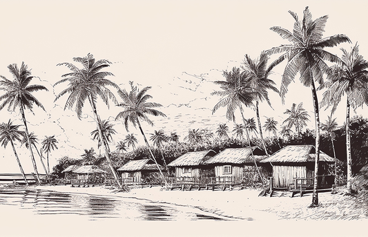 Tropical Beach Canvas Wall Art – Palm Trees and Village Huts Sketch