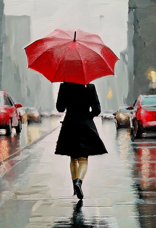 Red Umbrella in the Rain – Modern Figurative Canvas Wall Art