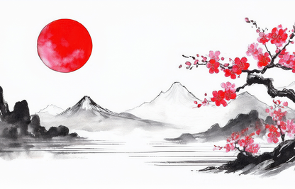 Rising Sun Serenity Canvas Wall Art – Japanese Zen Landscape with Sakura Blossoms