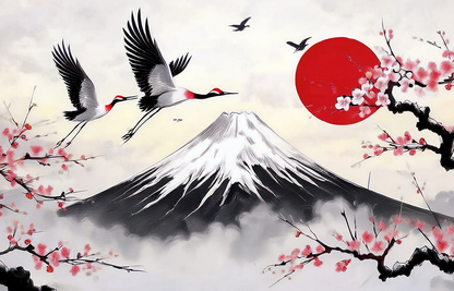 Rising Sun over Mount Fuji Canvas Wall Art – Japanese Zen Landscape with Cranes & Sakura