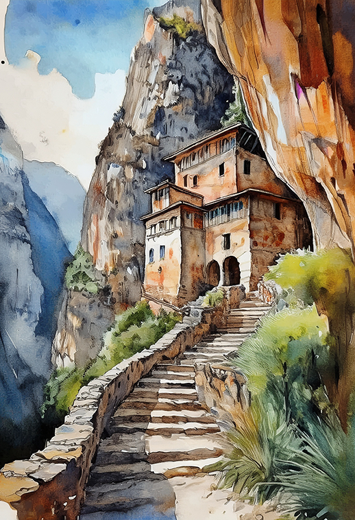 Road Curved in Stone – Cliffside Retreat Watercolor Canvas Wall Art