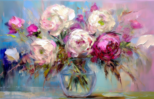 Peony Bouquet Canvas Wall Art – Romantic Floral Painting in Soft Pastel Colors