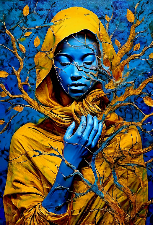 Roots of Silence Canvas Wall Art – Surreal Blue & Gold Portrait