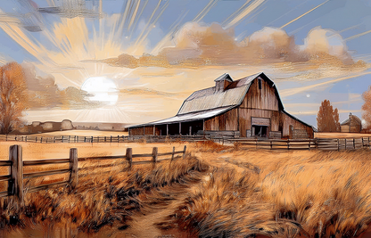 Rustic Sunset Barn Canvas Wall Art – Countryside Farm Landscape Painting