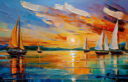 Sailing Sunset Canvas Wall Art – Vibrant Boats on Golden Horizon
