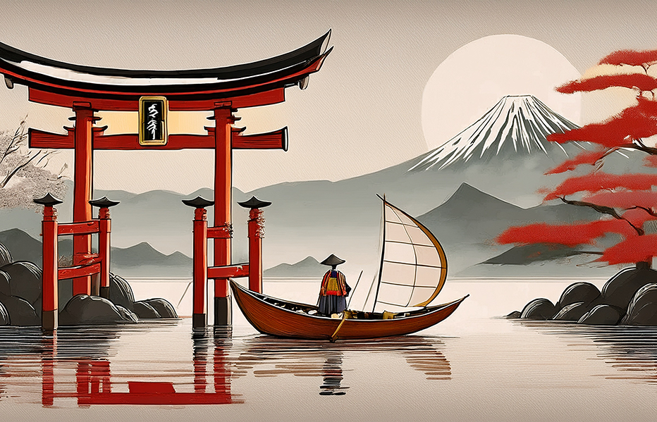 Sailing through the Torii Canvas Wall Art – Japanese Zen Landscape with Mount Fuji & Traditional Boat