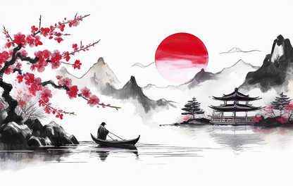 Serenity of the Red Sun Canvas Wall Art – Japanese Zen Landscape with Temple & Sakura