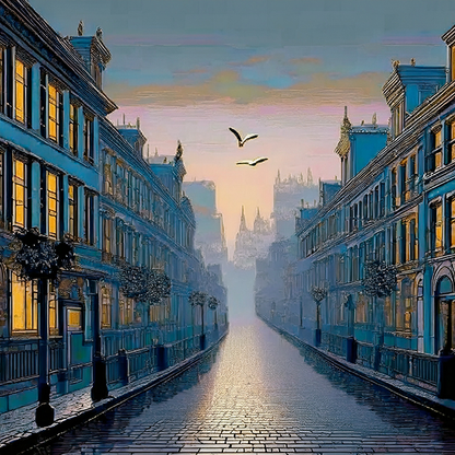 Silent Flight Over Forgotten Paths – Surreal Cityscape Canvas Art