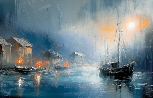 Silent Rain Canvas Wall Art – Abstract Nautical Seascape with Boats