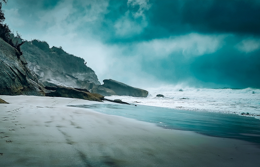 Stormy Serenity – Coastal Sand and Rock Formation Canvas Wall Art